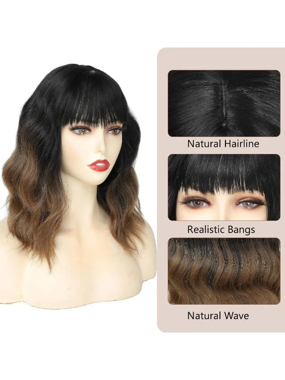 Women's Black Brown 14 Inch Heat Resistant Short Wavy Hair Pastel Bob Wig Bangs